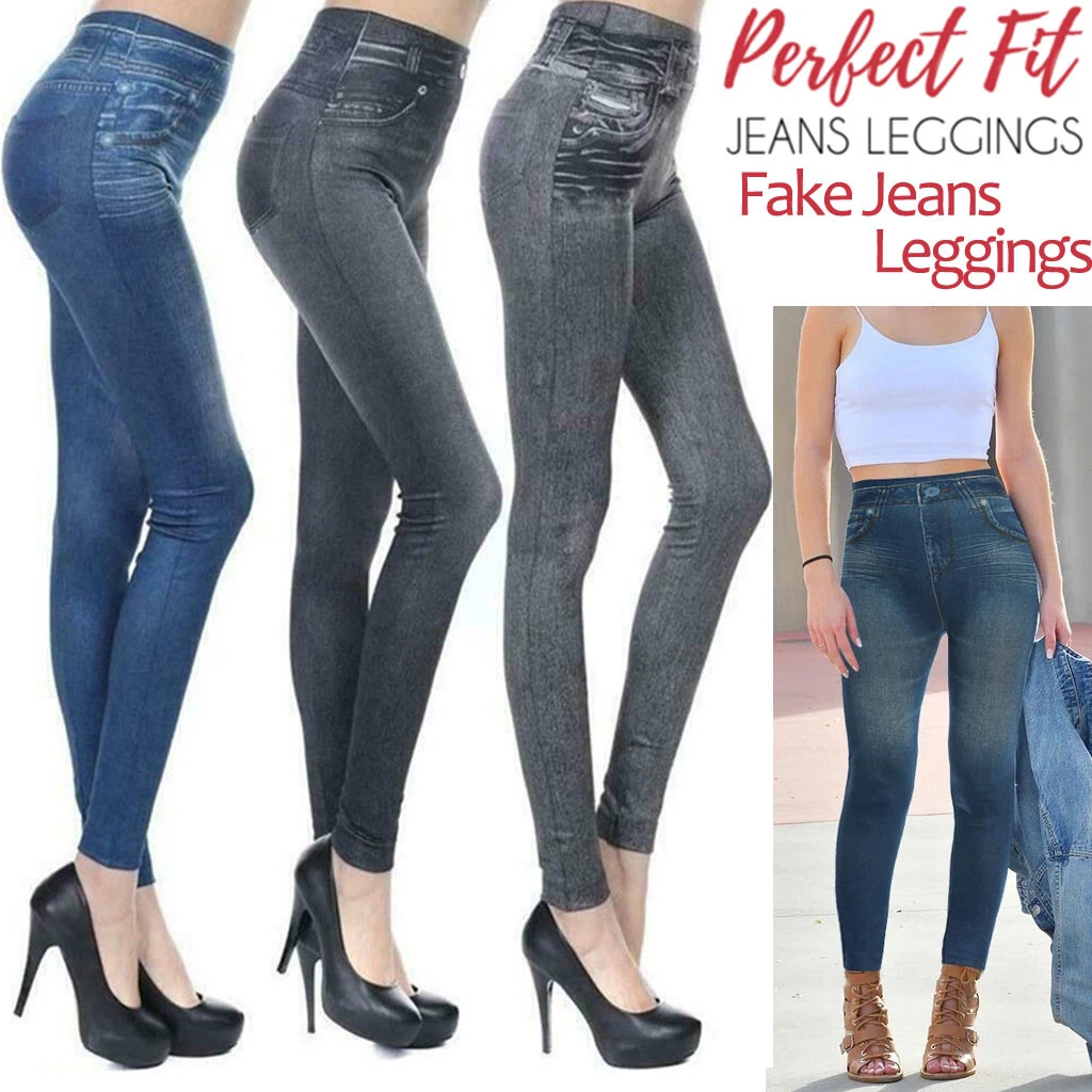 Women Jeggings Faux Denim Jeans Leggings Hi-Waist Seamless Trousers Pencil  Pants