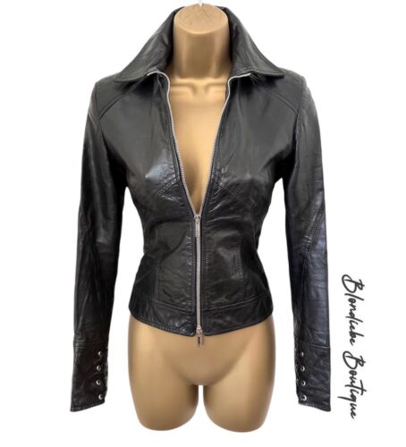 Karen Millen Size UK 8 VINTAGE BLACK SOFT LEATHER BIKER FITTED JACKET