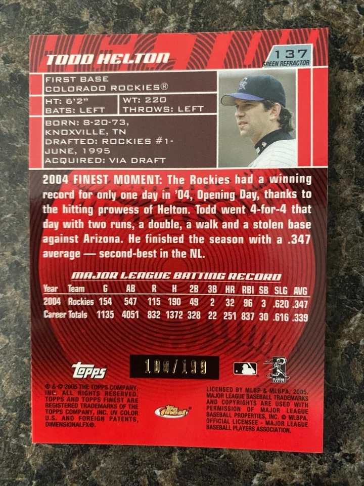 2005 Topps Finest Green Refractor Todd Helton #137 Colorado Rockies /199 HOF, SP - Image 2 of 3