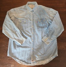 Vintage Levis Denim Western Shirt Men's Size L Blue Pearl Snap Sawtooth Pockets