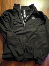 ALO Men’s S Black 1/4 Zip Mock Neck Fleece Cotton Pullover Sweatshirt Logo
