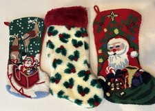 RARE Vintage Christmas Stocking Needle Punch Santa Toys Reindeer Faux Fur Holly