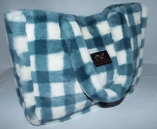 Women's HTF Gingham Check Teal Blue MINKY COUTURE DESIGNER Tote Bag FAUX FUR 16"