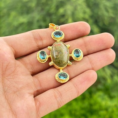 Designer Unakite Cross Pendant Gold Plated Blue Quartz Oval Cut Gem Jewelry