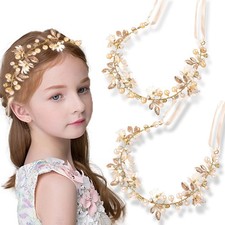 2 PCS Flower Girl Headpiece Gold Princess Wedding Headband Wedding Hair Acces...