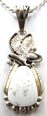 S. SILVER NAVAJO ARTIST-SIGNED WHITE BUFFALO TURQUOISE EAGLE PENDANT W/16'' CHAIN