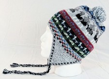 Colorful Soft Alpaca Chullo Gray Beanie Pom Pom Earflap Unisex Handmade Boho