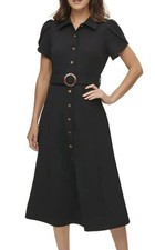 CALVIN KLEIN TULIP SLEEVE FIT&FLARE , BELTED MIDI DRESS, BLACK , SIZE 10 NWT