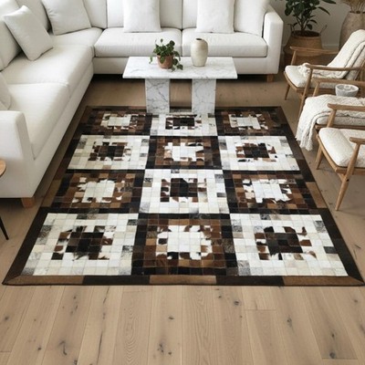 Handmade Cowhide Patchwork Area Rug Brown White Geometric Leather Carpet Modern