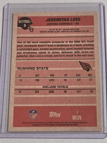 Topps 2026 Chrome Jeremiyah Love Arizona Cardinals RC Rookie #91TRC-9 image 2