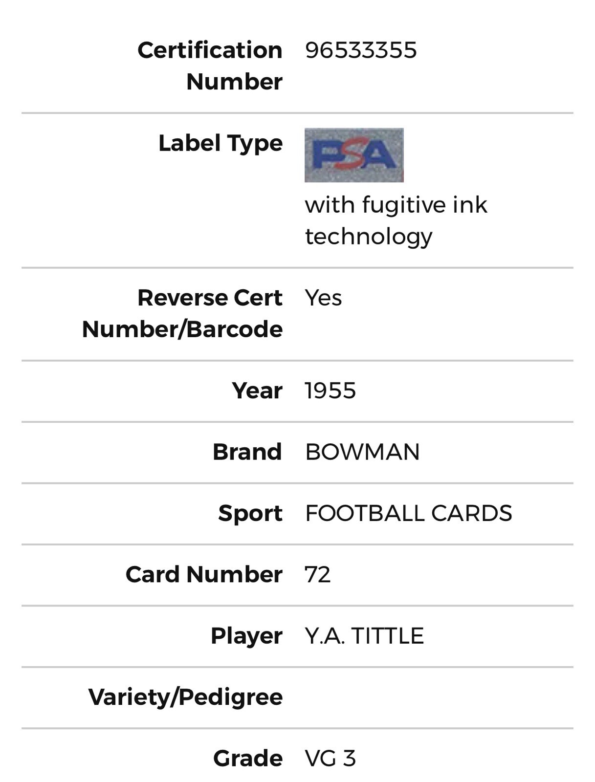 1955 Bowman #72 Y.A. TITTLE PSA 3 VG HOF Newly Graded Beautiful Coloring POP 30! view 4