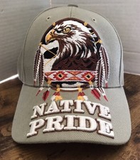 Native Pride INDIAN Bald Eagle Feathers Shield Embroidered Beige Cap Hat