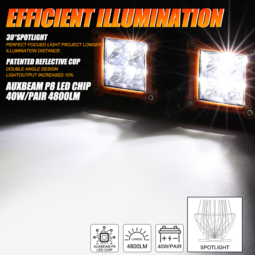 AUXBEAM 3Inch LED Cube Pods Work Light Bar Spot Driving Fog Offroad ATV ...