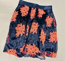 MAEVE FOR ANTHROPOLOGIE "POME BLOSSOM" SKIRT BLUE W/ORANGE FLORAL EMBROIDERY