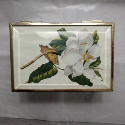 Jewel Box Beveled Glass Magnolia Top Brass Footed Mirrored