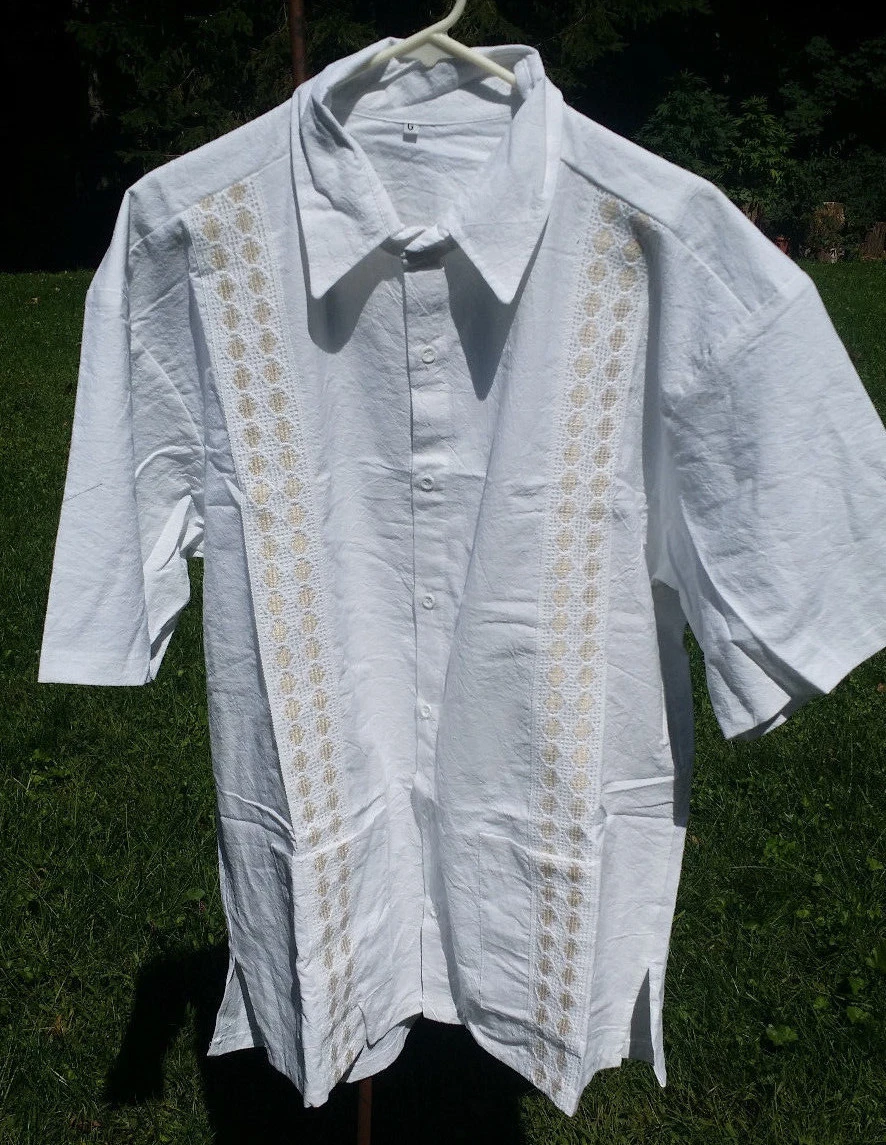 Mens Manta Cotton Guayabera-Style Shirt Mexican Chiapas White Pockets MT# 5