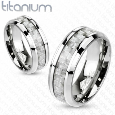 6mm Silver Carbon Fiber Inlay Center Band Ring Solid Titanium Women's Ring