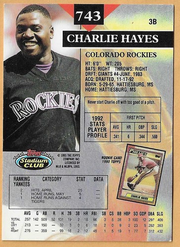 Charlie Hayes Colorado Rockies #743 - Topps Stadium Club casi nuevo-como nuevo 1993 - Imagen 2 de 2