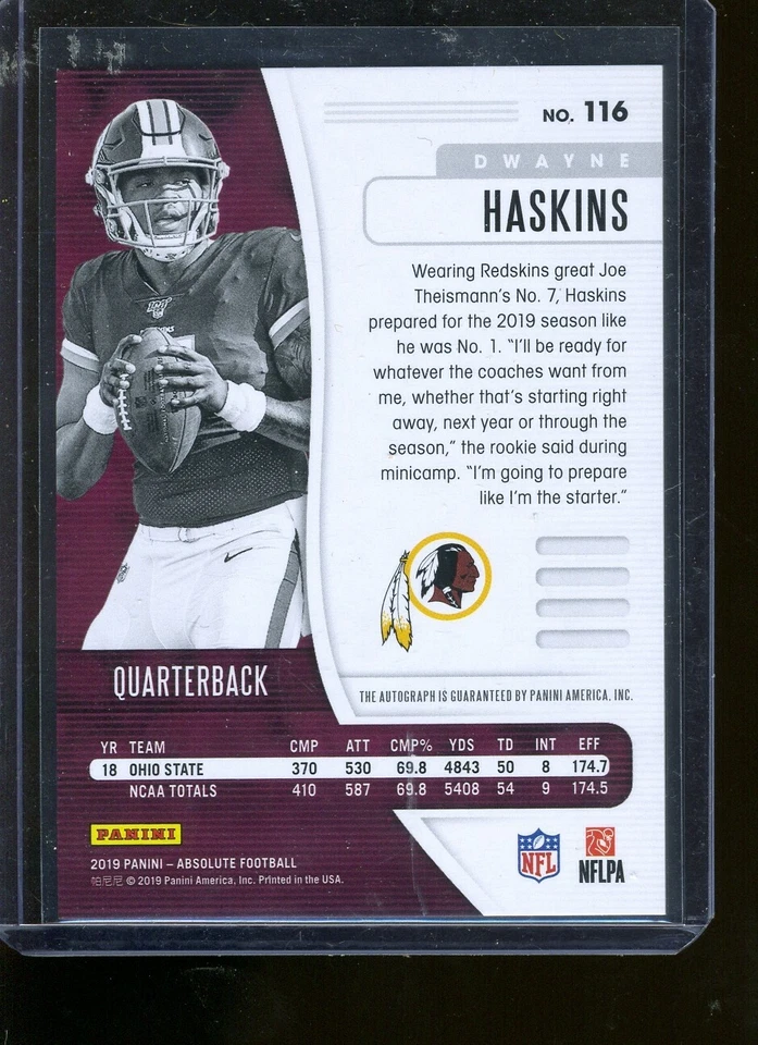 2019 ABSOLUTE FOOTBALL DWAYNE HASKINS ORANGE Auto RC 10/35 STEELERS REDSKINS - Image 2 of 2
