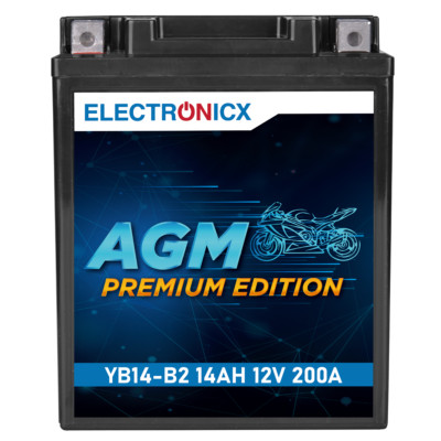 Electronicx YB14-B2 AGM Motorradbatterie 12V 14Ah 200A/EN - Wartungsfrei, Auslau