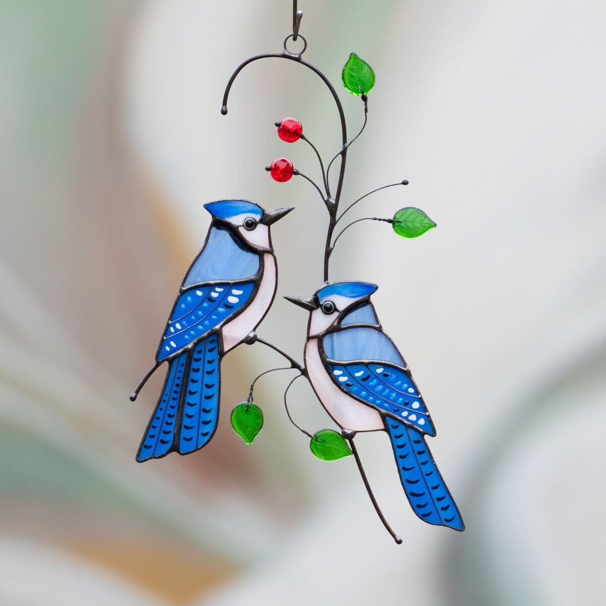 BLUE JAY Stained Glass Suncatcher Bird Wall Hangings Artwork Blue Bird  House