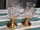 Pair of Vintage Waterford Crystal Belmont Hurricane Lamp Brass Candle Holder