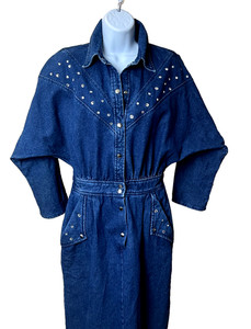 rhinestone denim dress long sleeve MY OWN MUSE HIGH LOW RHINESTONE DENIM MIDI DRESS