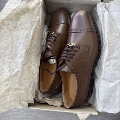 NWB GUCCI SHOES MENS ROOSTER BROGUE BROWN LEATHER DURBY LACE-UP G