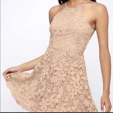 Lulus Little Beige Cocktail Dress Crochet Halter Top Fit And Flare Coquette SZ L