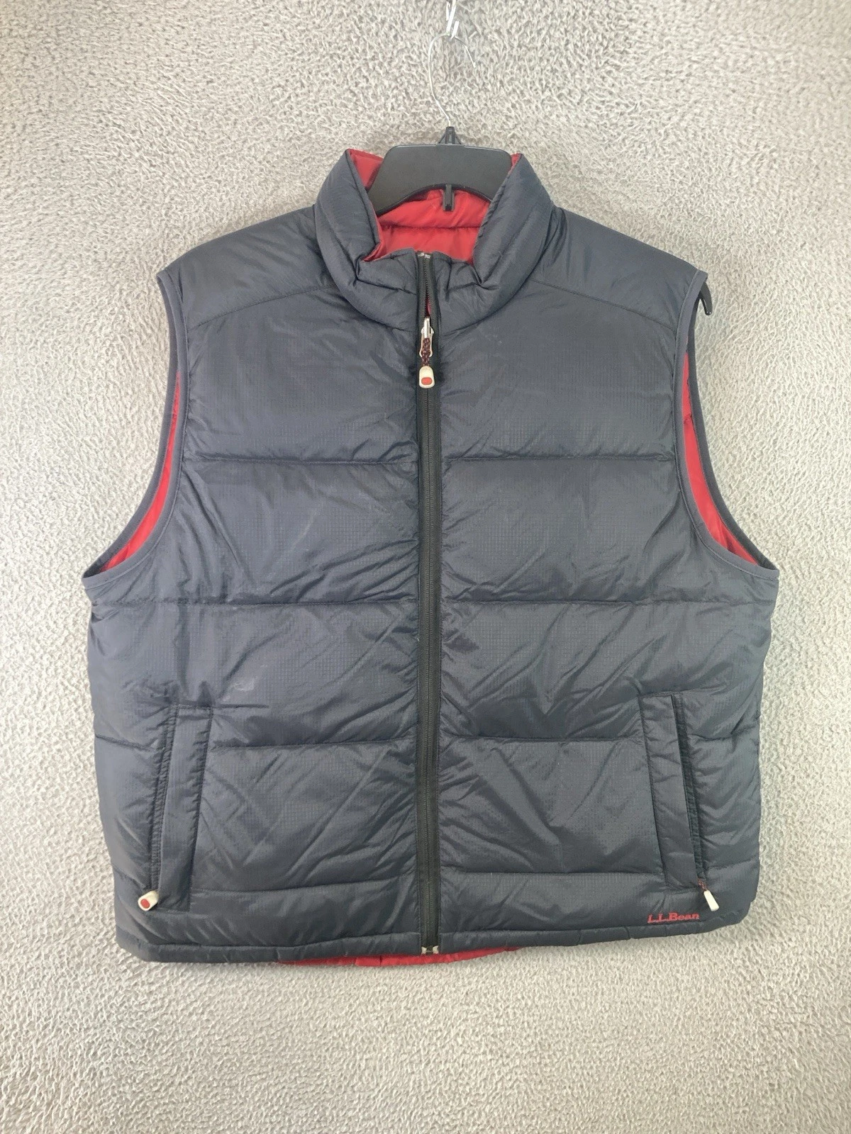 LL Bean Goose Down Puffer Vest Mens Large Red Black Reversible Jacket Full Zip