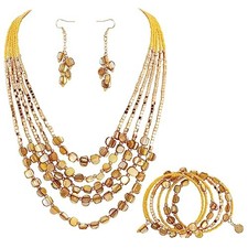 Bohemian Layered Shell Beaded Necklace Set Seed Bead Irregular Yellow Set