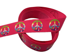3 yds 7/8" Multi-Colored Peace Signs on Hot Pink Grosgrain Ribbon 100 polyester