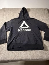 Reebok Hoodie Mens 2XL Black Logo Fleece Pullover Graphic Sweatshirt Athletic