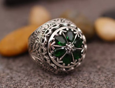 Mens Real 925 Sterling Silver Simulated Emerald Green Gemstone Statement Ring
