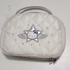 Sanrio Hello Kitty White Quilted Nylon Makeup Bag Case w/ Handle Zipper