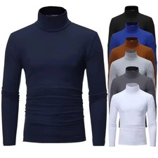 Mens Roll Neck Lightweight Jumper T-Shirt Turtle Funnel Long Sleeve Polo Tops