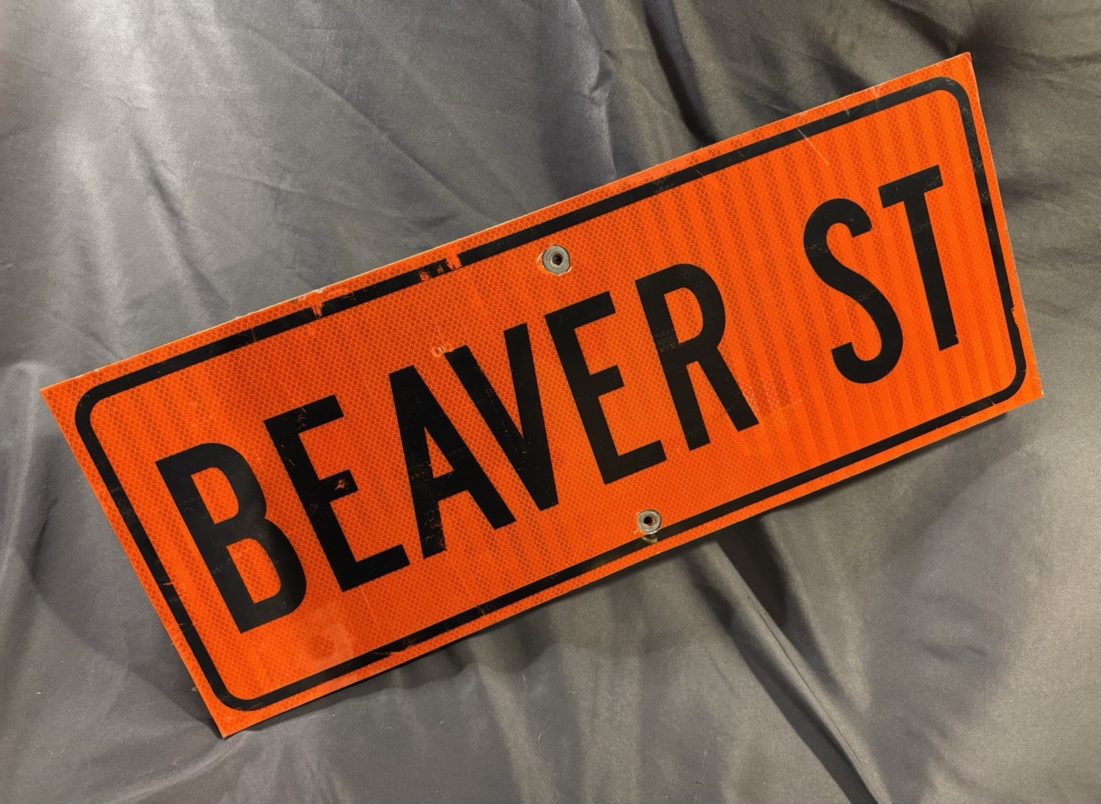 Fun Vintage BEAVER ST Orange Reflective Municipal Construction Street Sign 