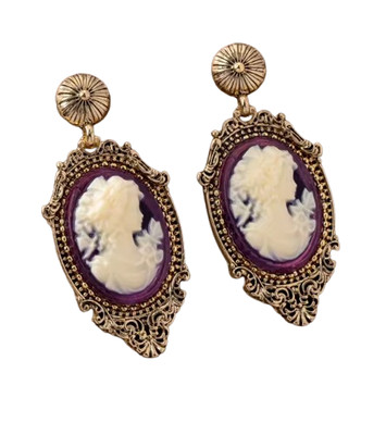 Elegant Lady Rose Cameo Vintage Style Purple Gold-Plated Dangle Earring ER1487