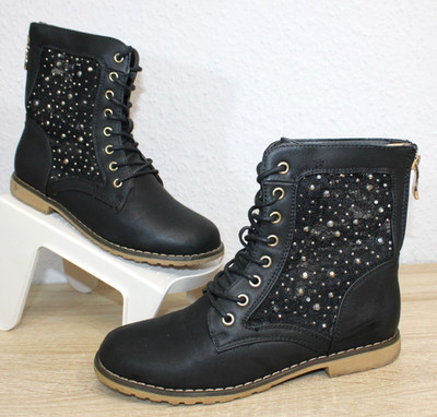   Mode Queen  trendige Biker Stiefel Boots mit Spitze & Strass 36 schwarz  