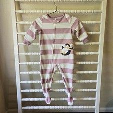 Carter's Baby Girls Long Sleeve Fleece Footed Pajamas Purple Striped w/ Penguin