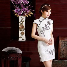 Traditional Chinese Cheongsam Cheong-Sam Qipao Dress white w embroidered flower