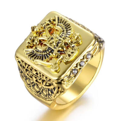FDLK Mens Gold Russian Double Eagle Signet Ring