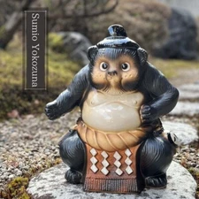 Shigaraki Ware Sumo Yokozuna Tanuki Raccoon Dog Pottery Figurine Japan NEW
