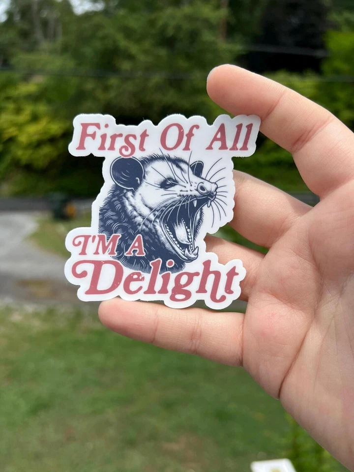 PRINTUZ First of all I’m a delight possum sticker | Funny sticker, water bottle sticker