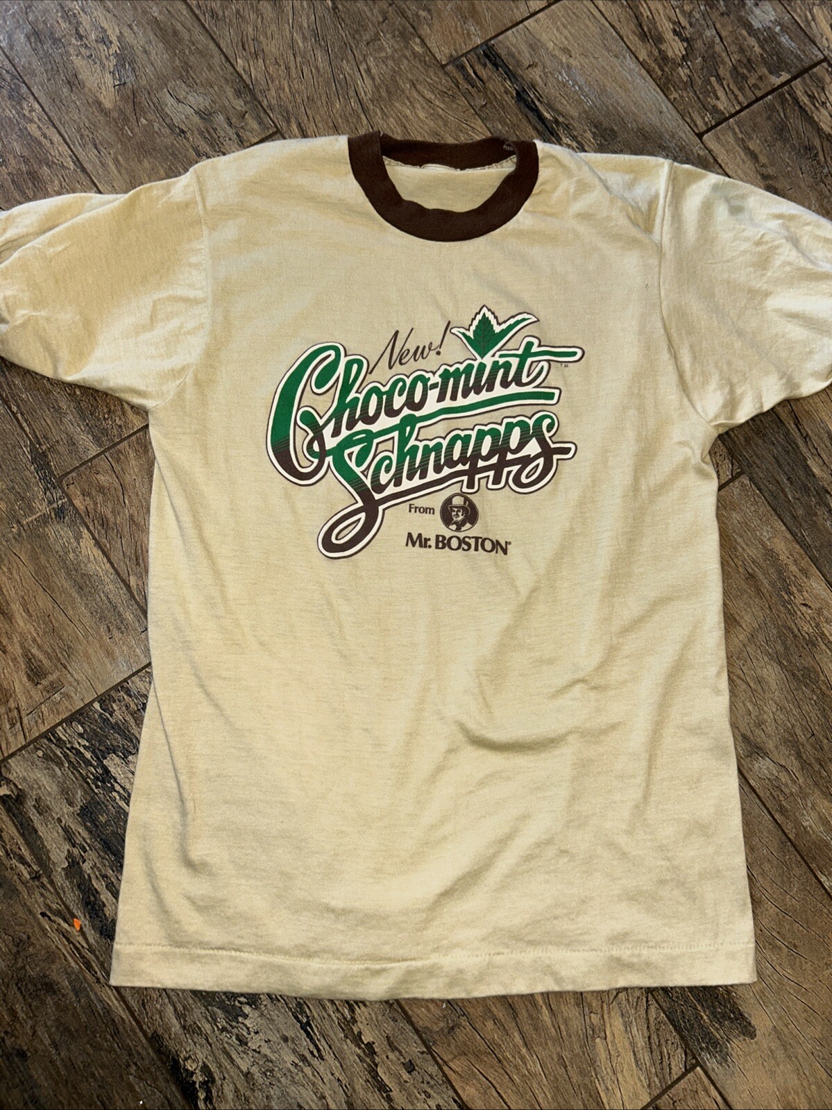 Vintage 80s Mr Bostons Choco-Mint Schnapps Ringer Tee Booze Sz Large
