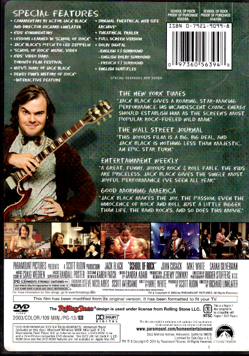 THE SCHOOL OF ROCK - Collector's Edition (DVD, 2003, FS) Jack