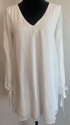 Lulus Women's Shift Dress Sz S White Chiffon Long Slit Sleeve With Bows  V-Neck | eBay
