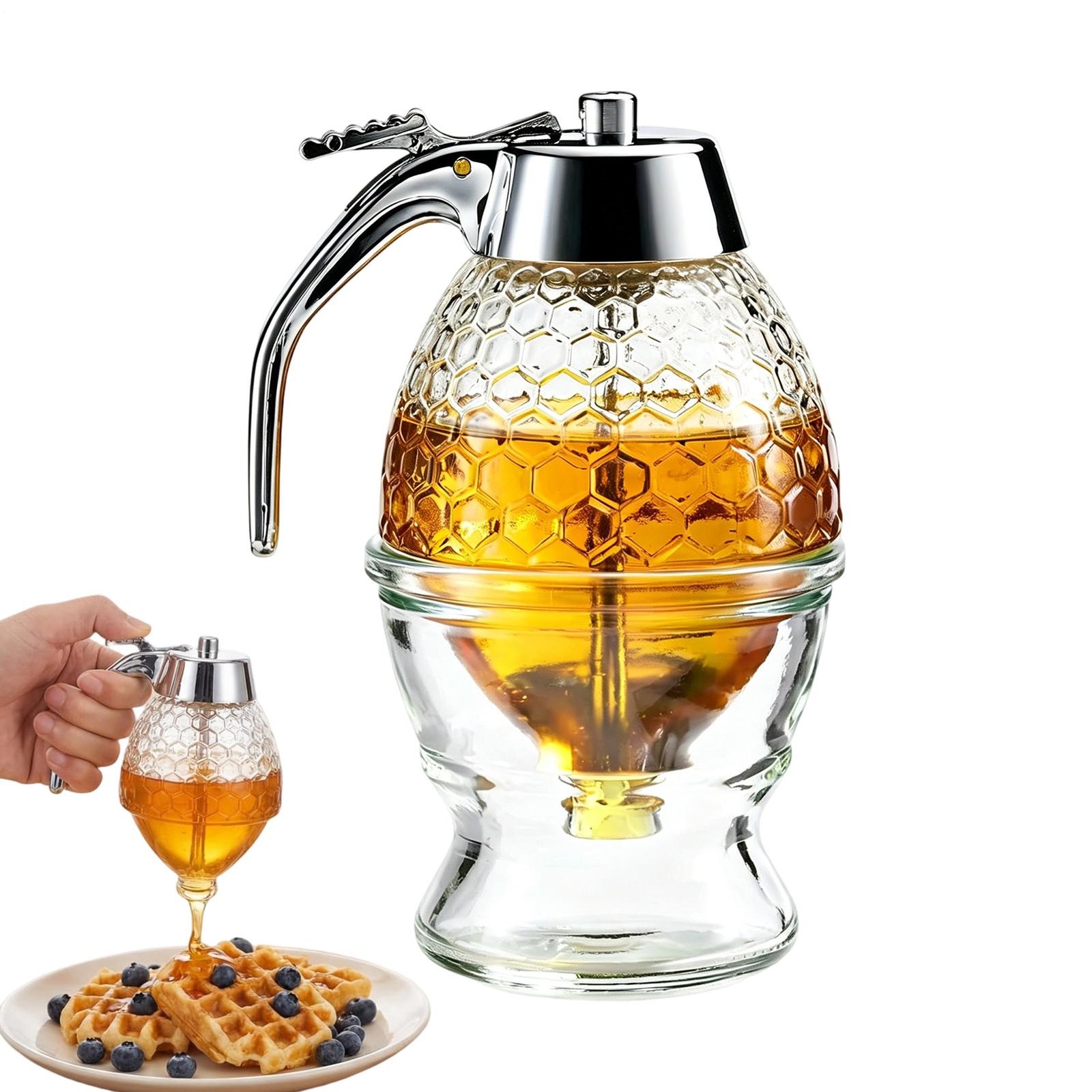 Honey Dispenser Glass No Drip Honey Pot with Stand 8 oz Honey Container