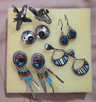 5 Pairs Sterling Silver Earrings Native Amer Southwestern Turquoise Coral Inlay 