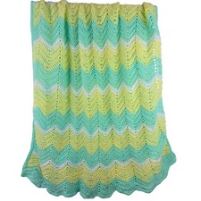 Handmade Crochet Baby Blanket Mint Green Yellow Chevron Afghan 58x52